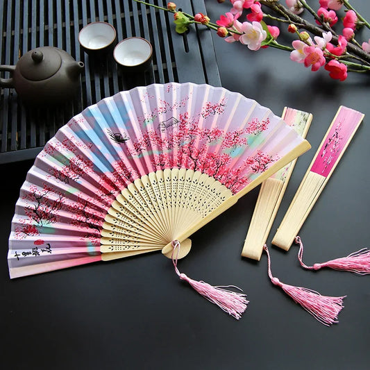 Japanese Silk Wooden Handle Folding Fan